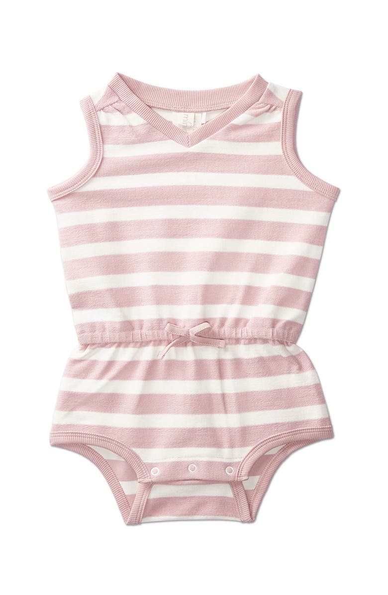 MiniMoi Baby and Toddler Girls Striped Stretch-Cotton Terry Sleeveless Romper, Main, color, Pink