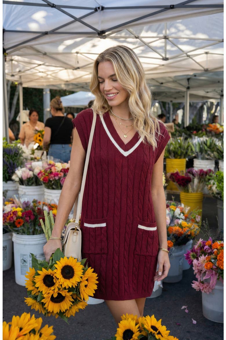 Cable-Knit Mini Sweater Dress with Pockets, Alternate, color, Burgundy