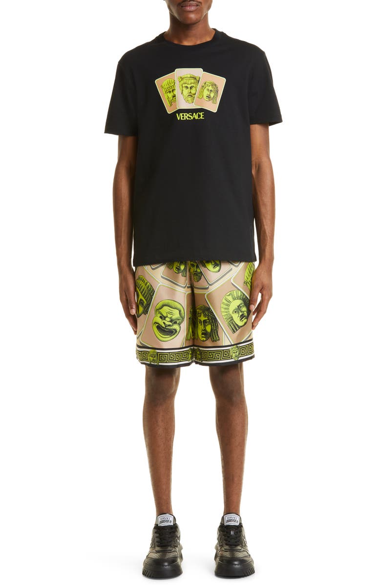 Versace Masks Print Silk Shorts, Alternate, color,