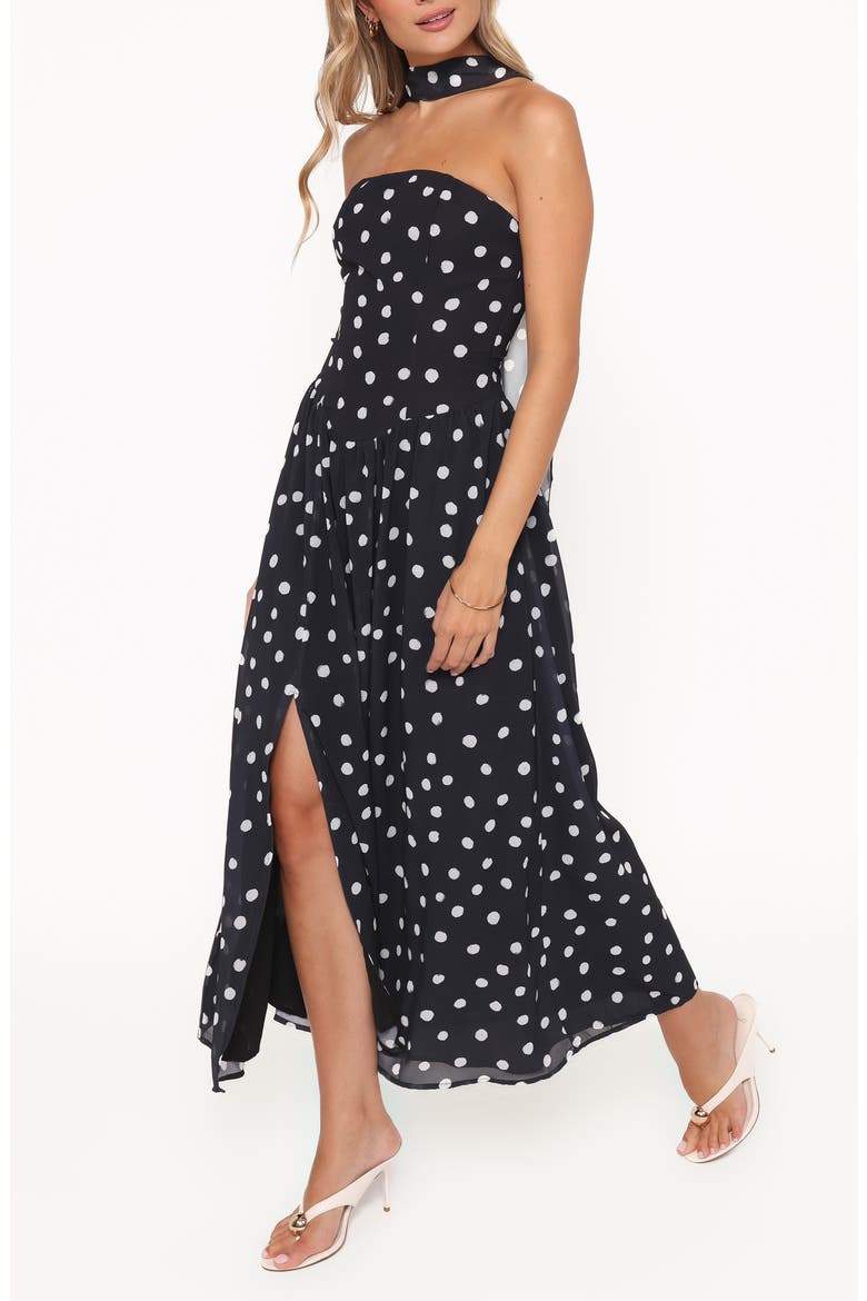 Boston Dot Strapless Maxi Dress with Scarf, Alternate, color, BLACK POLKA DOT