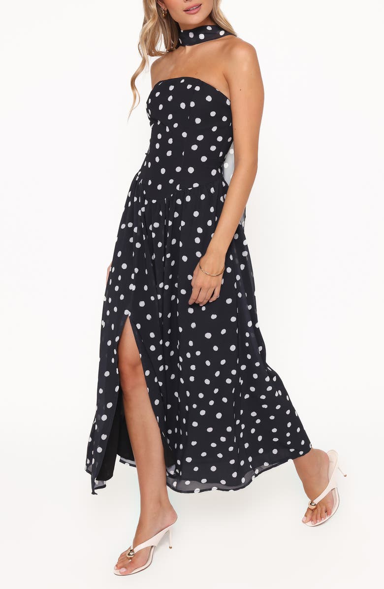 Petal & Pup Boston Dot Strapless Maxi Dress with Scarf, Alternate, color, Black Polka Dot