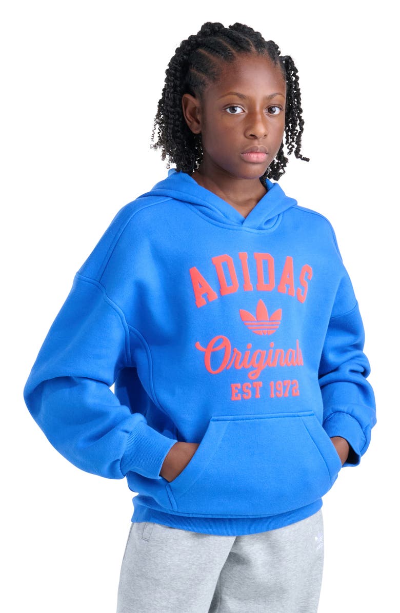 adidas Originals Kids' Varsity Cotton Blend Fleece Hoodie, Alternate, color, Bright Blue