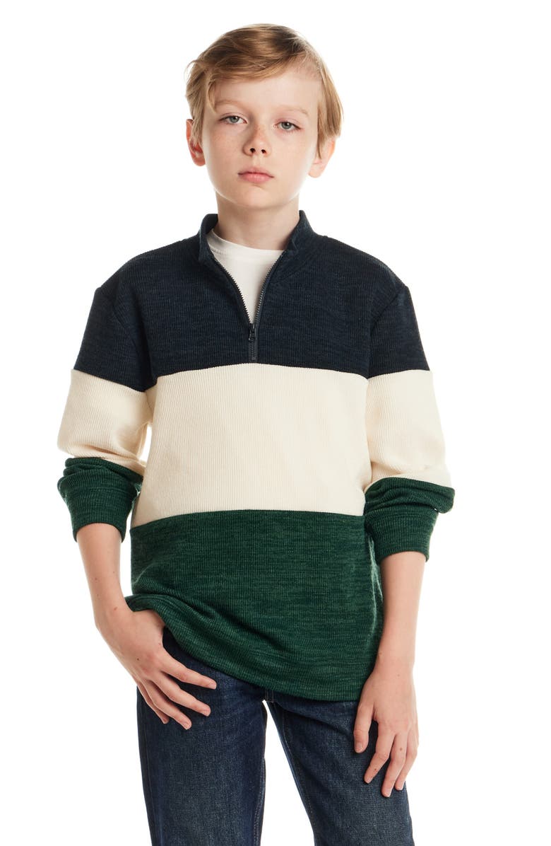 Andy & Evan Kids' Colorblock Quarter Zip Cotton Sweater, Alternate, color, Green Stripe
