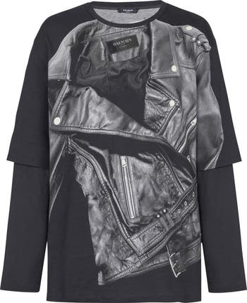 Tシャツ・カットソー BALMAIN LEATHER TROMPE L'OEIL LS T-SHIRT (EH1EM016 GE400PA) Balmain Layered Leather Trompe l'Oeil Long Sleeve Graphic T