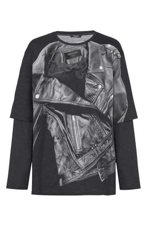 Shop Balmain Layered Leather Trompe L'oeil Long Sleeve Graphic T-shirt In 0pa Black