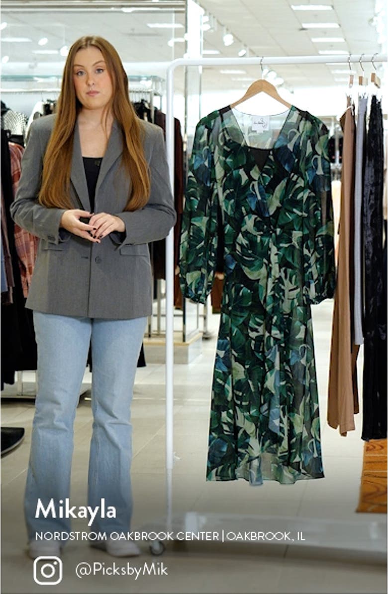 Monstera Print Long Sleeve Midi Wrap Dress, sales video thumbnail