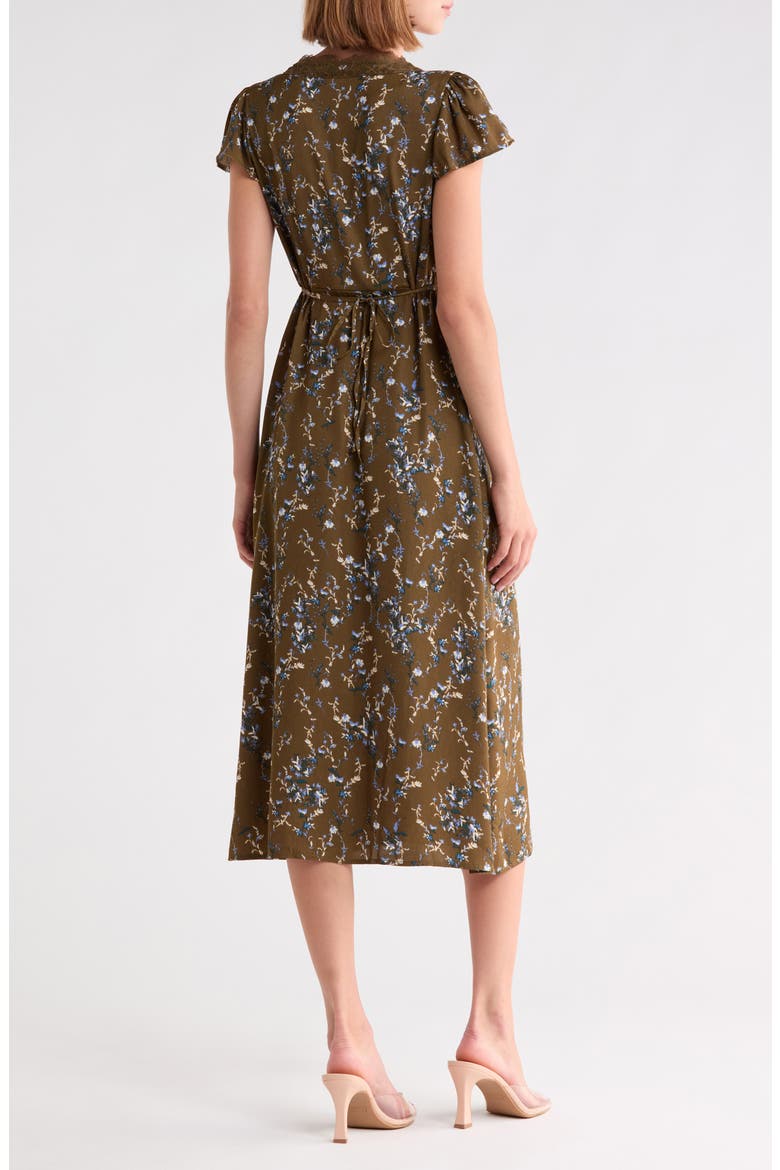 Lace Trim Satin Midi Dress, Alternate, color, OLIVE- BLUE LILIBET FLORAL