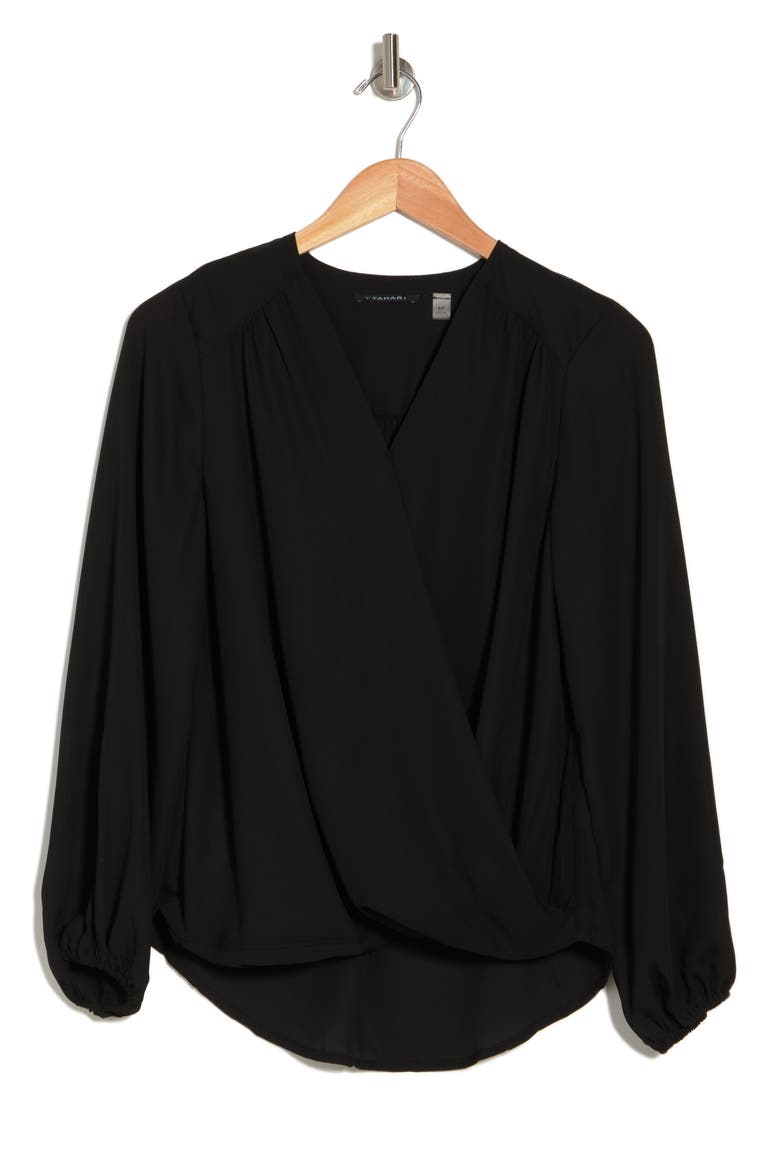 Long Sleeve Faux Wrap Blouse, Alternate, color, BLACK