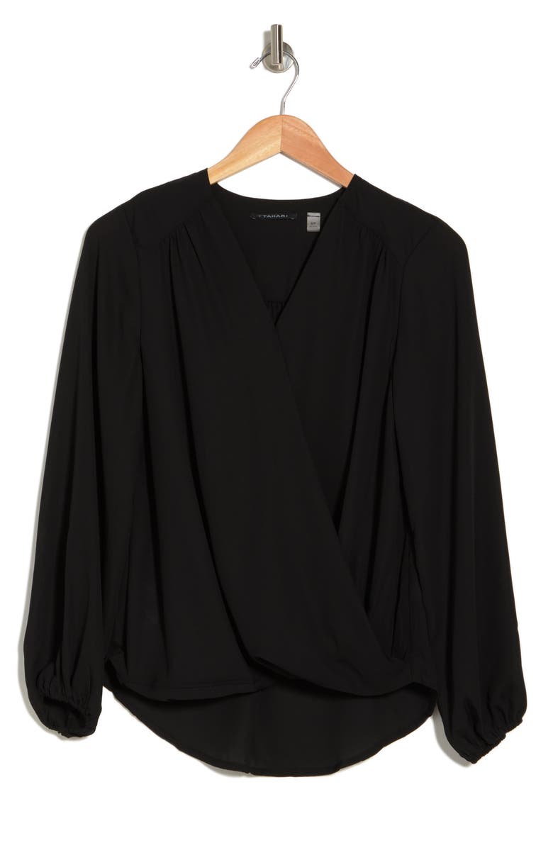 T Tahari Long Sleeve Faux Wrap Blouse, Alternate, color, Black