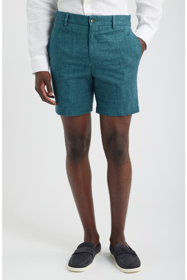 Solid Linen Look Flat Front Cotton Shorts, Main, color, TEAL