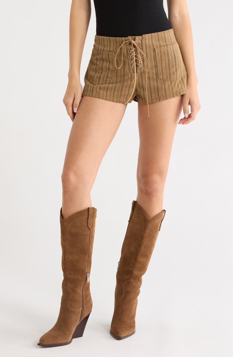 Princess Polly Ronnee Lace-Up Stripe Shorts, Main, color, Brown Stripe