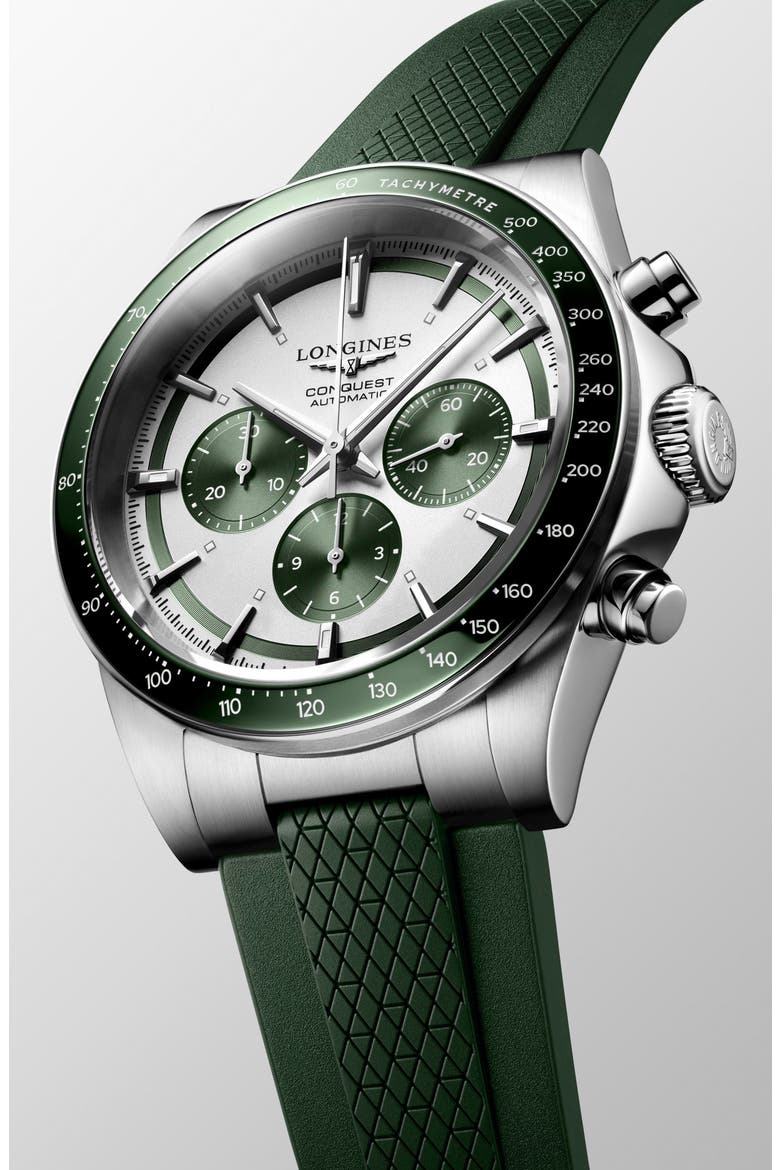 Conquest Automatic Chronograph Rubber Strap Watch, 42mm, Alternate, color, SILVER