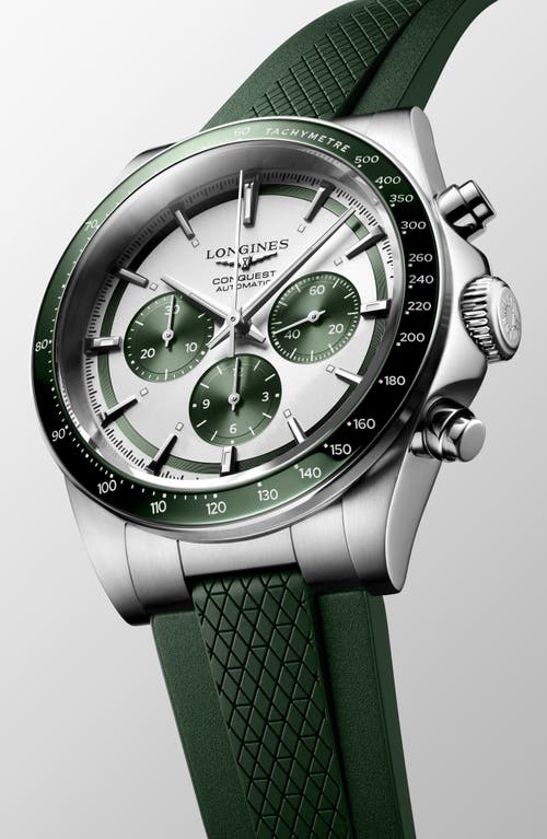 Longines Men's Swiss Automatic Chronograph Conquest Green Rubber Strap Watch 42mm In Silver