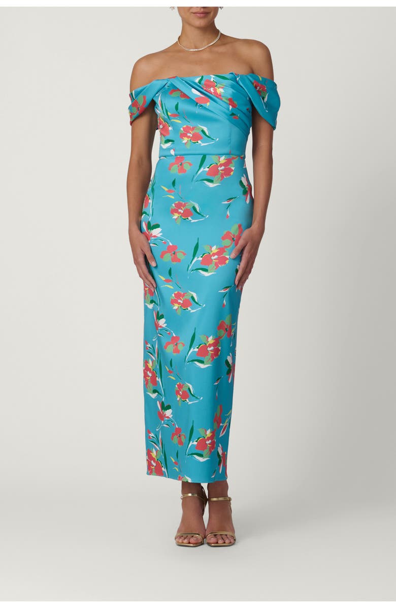 Shoshanna Midnight Mediterranean Floral Mikado Calder Dress, Main, color, Sea Blue