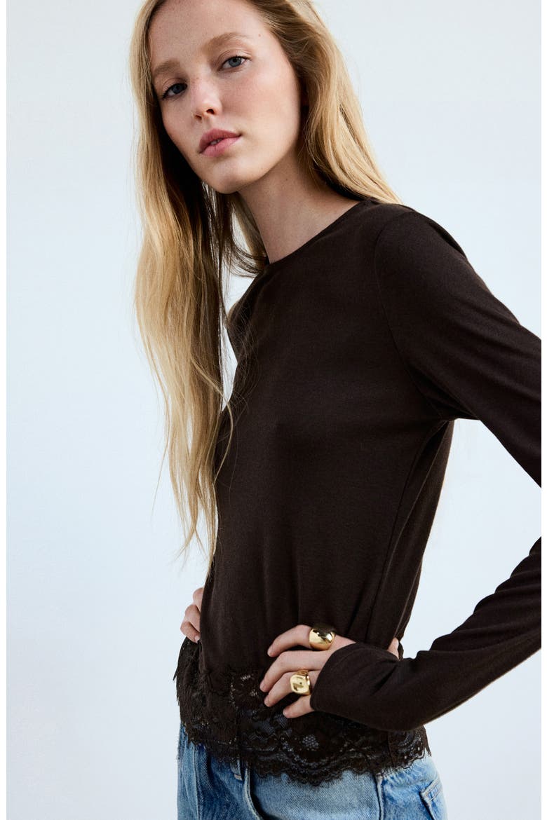 Lace Detail Long Sleeve Top, Alternate, color, BLACK