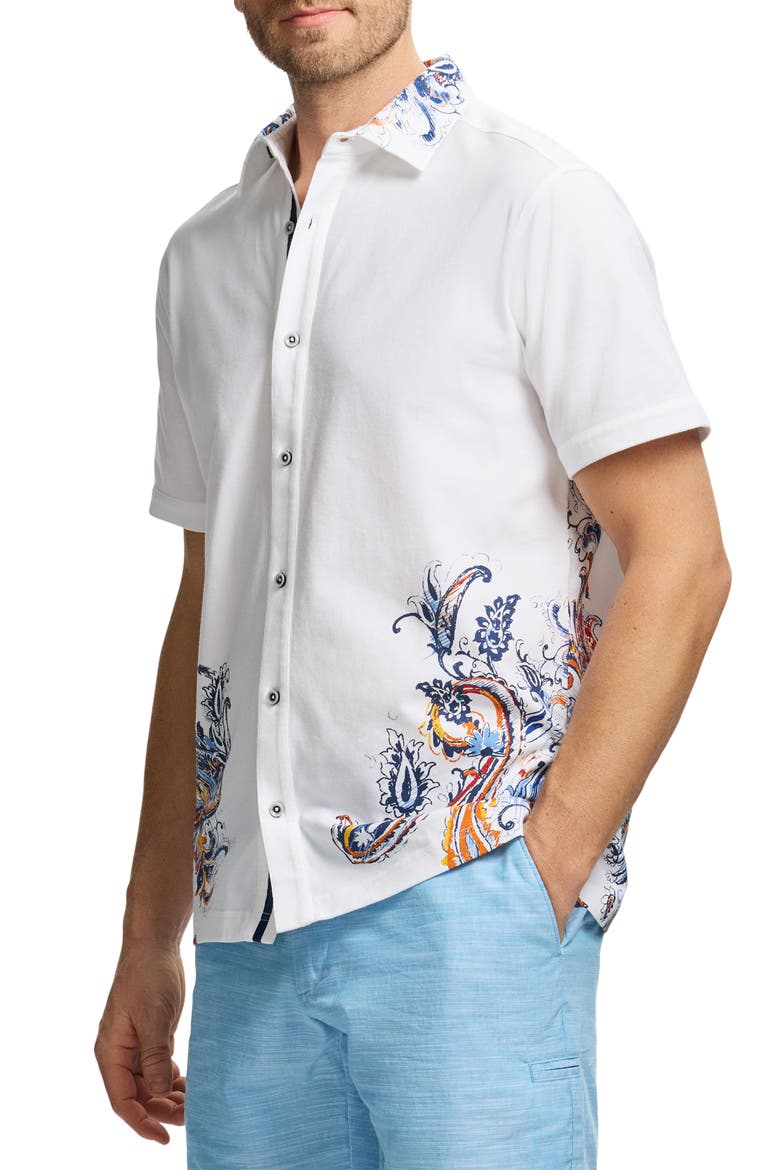 Paisley Short Sleeve Cotton Button-Up Shirt, Alternate, color, WHITE