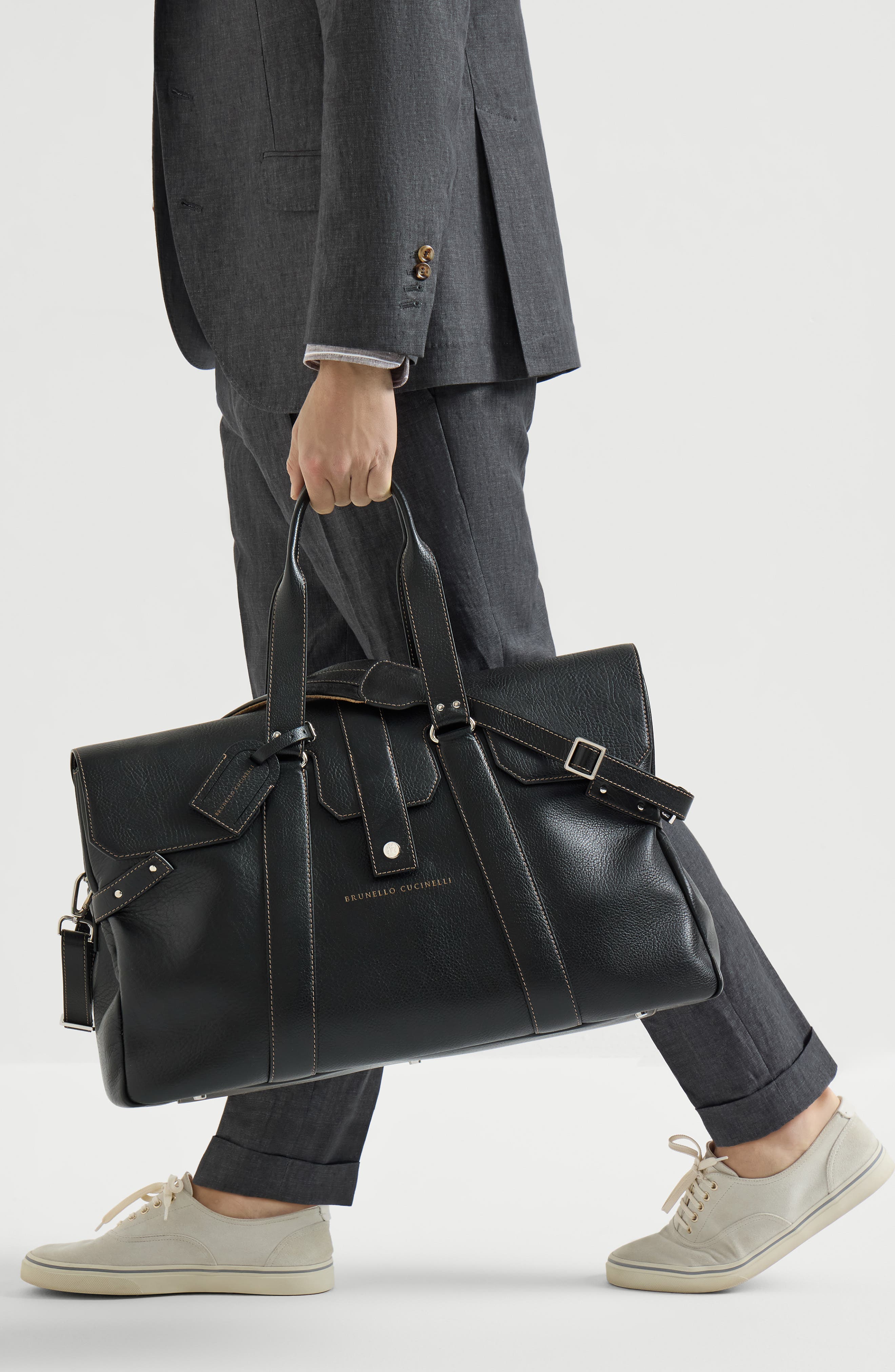 Brunello Cucinelli Grained calfskin Country Weekender bag, Alternate, color, Black