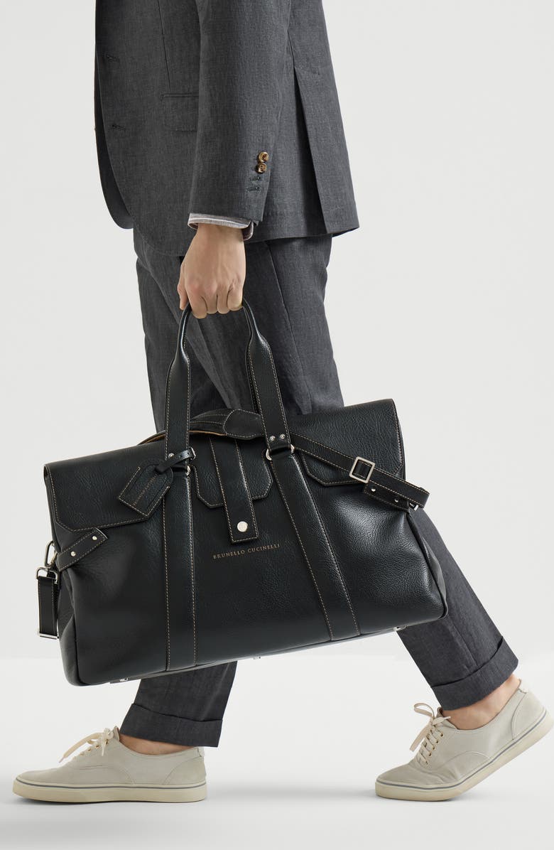 Brunello Cucinelli Grained calfskin Country Weekender bag, Alternate, color, Black