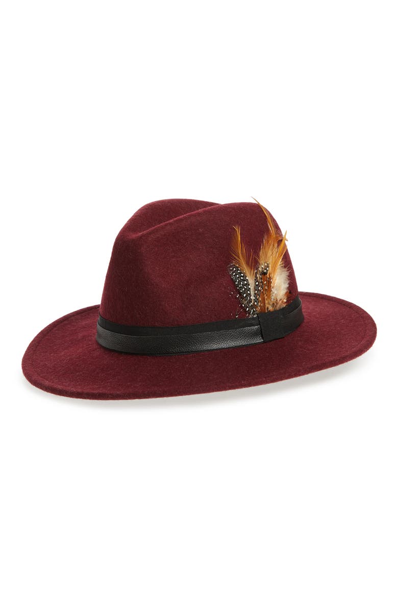 Feather Trim Panama Hat, Main, color, BURGUNDY