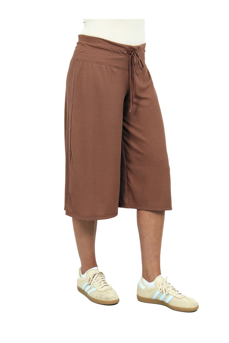Womens Basic Ribbed Knit Drawstring Flared Capri Pants, Alternate, color, Mocha