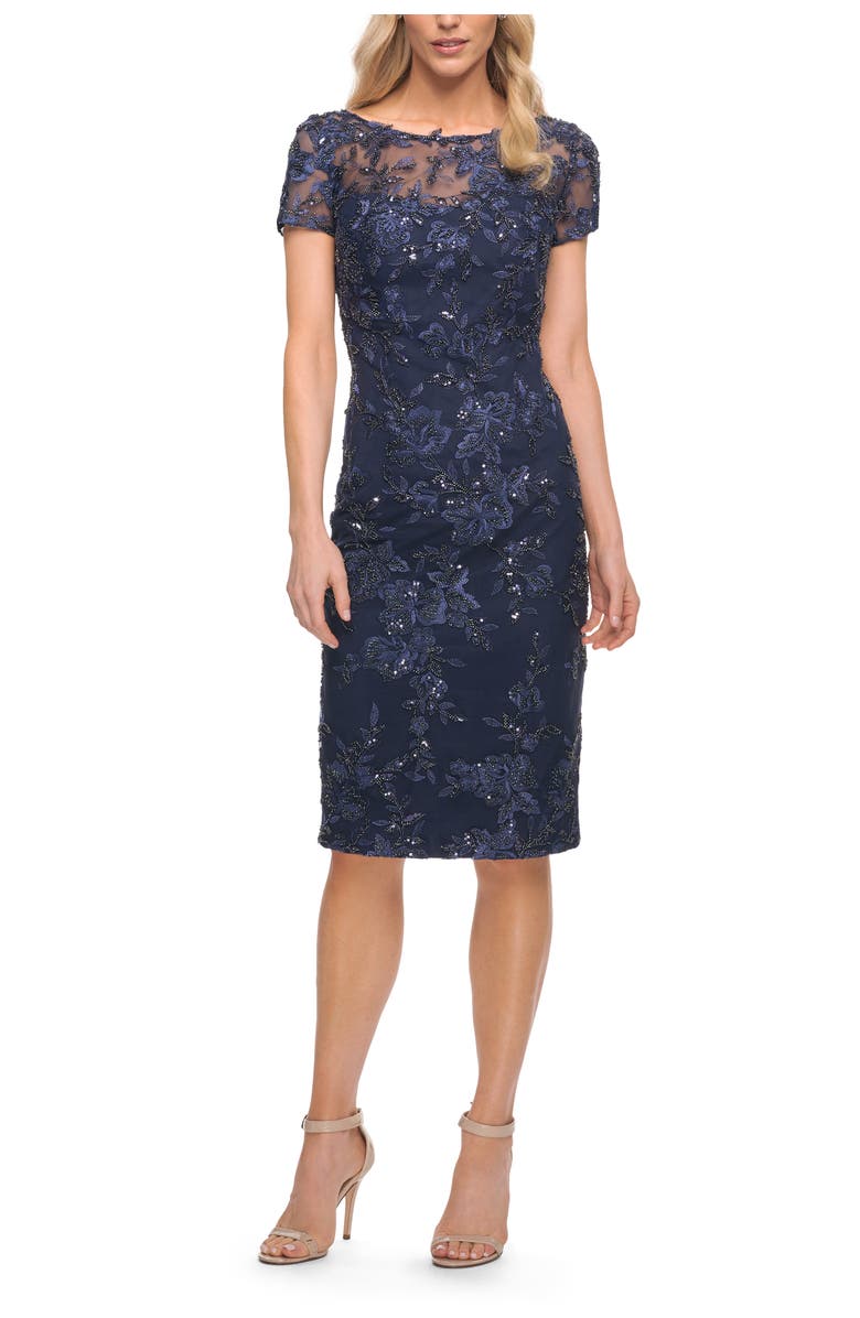 La Femme Beautiful Short Dress with Illusion Top and Sleeve, Main, color, Navy
