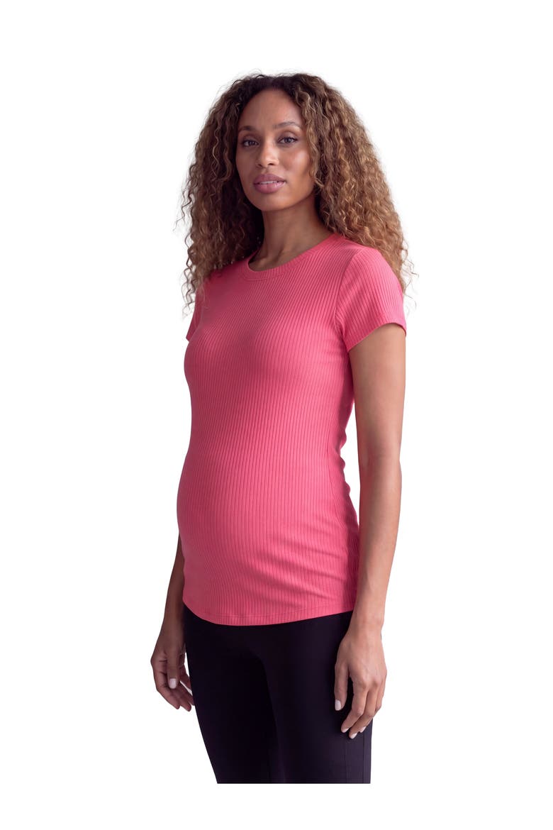 Maternity Basic Ribbed Knit Round Neck Short Sleeve Top, Alternate, color, Coral