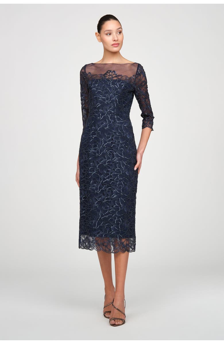 Theia Marbella Beaded Midi Dress, Main, color, Nautical Navy