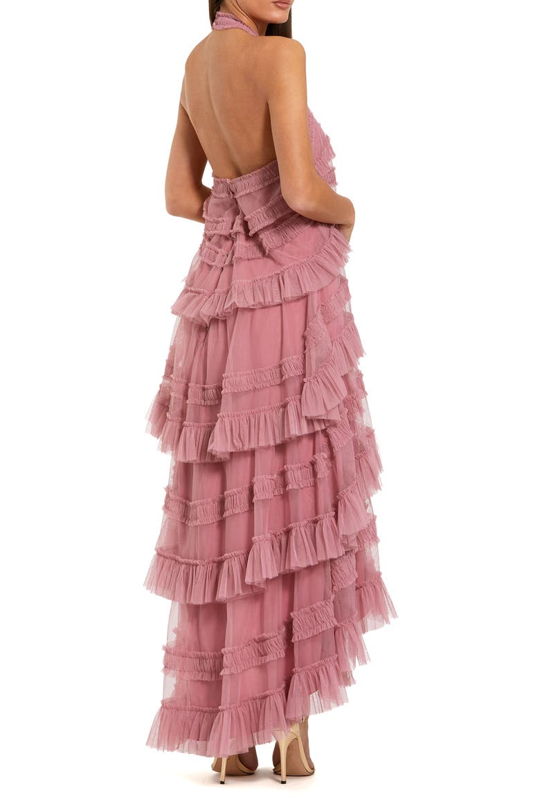 Dot Mesh Ruffle Halter Neck Ankle Dress, Alternate, color, Rose