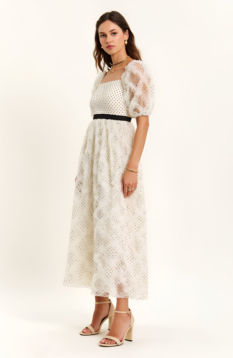 Modenaire Embroidered Puff Sleeve Square-Neck Midi Dress, Alternate, color, Ivory