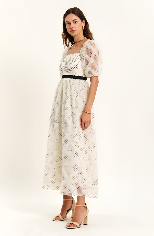 Modenaire Embroidered Puff Sleeve Square-neck Midi Dress In White