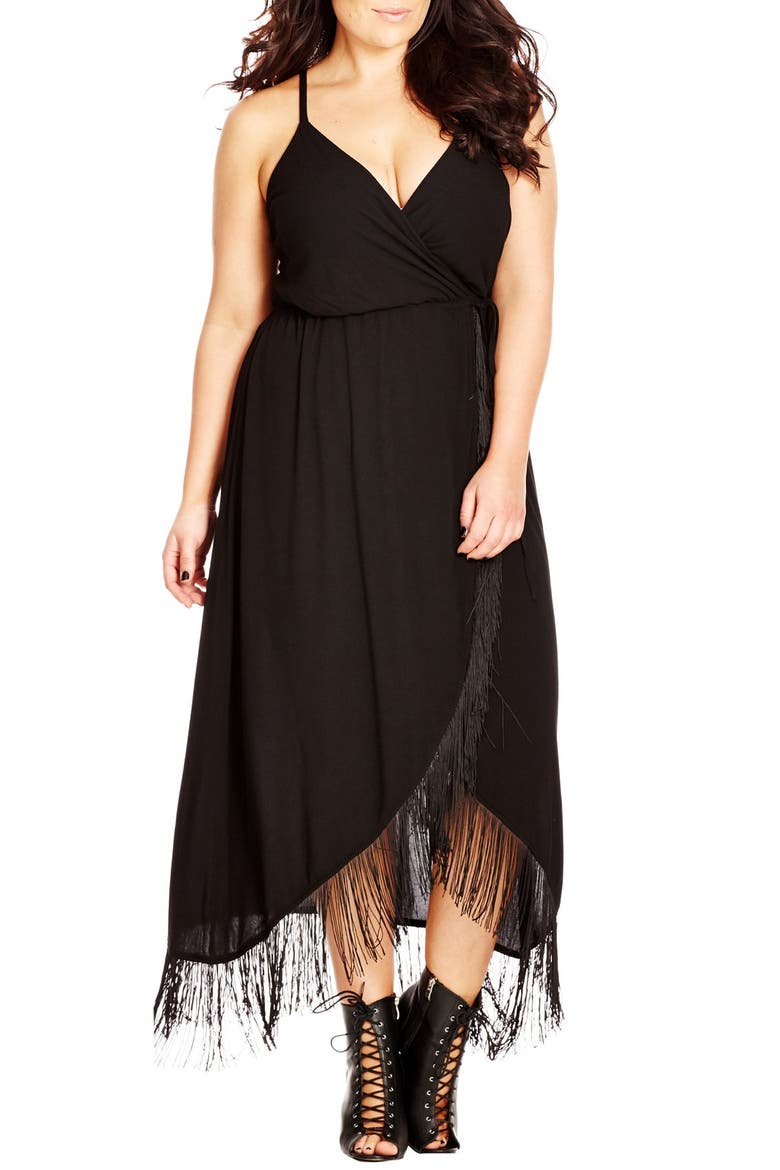 Fringe Trim Drawstring Waist Maxi Dress, Main, color, BLACK
