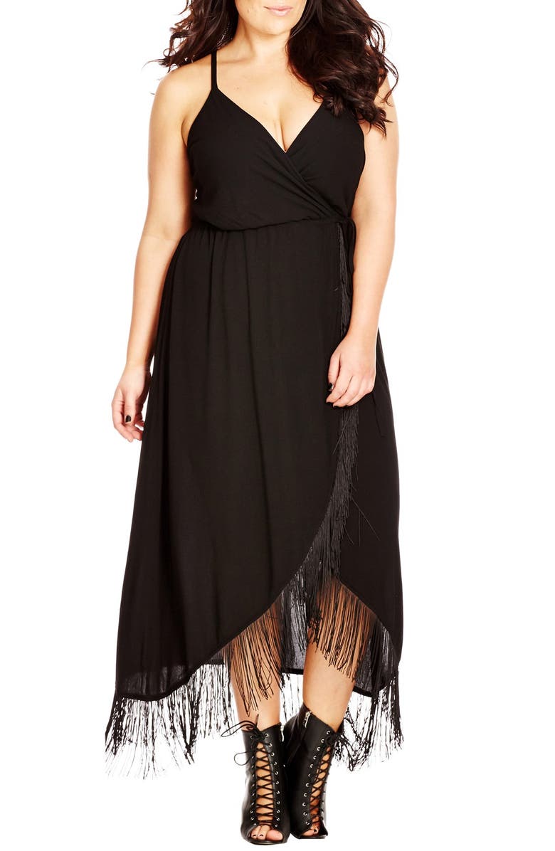 City Chic Fringe Trim Drawstring Waist Maxi Dress, Main, color, 