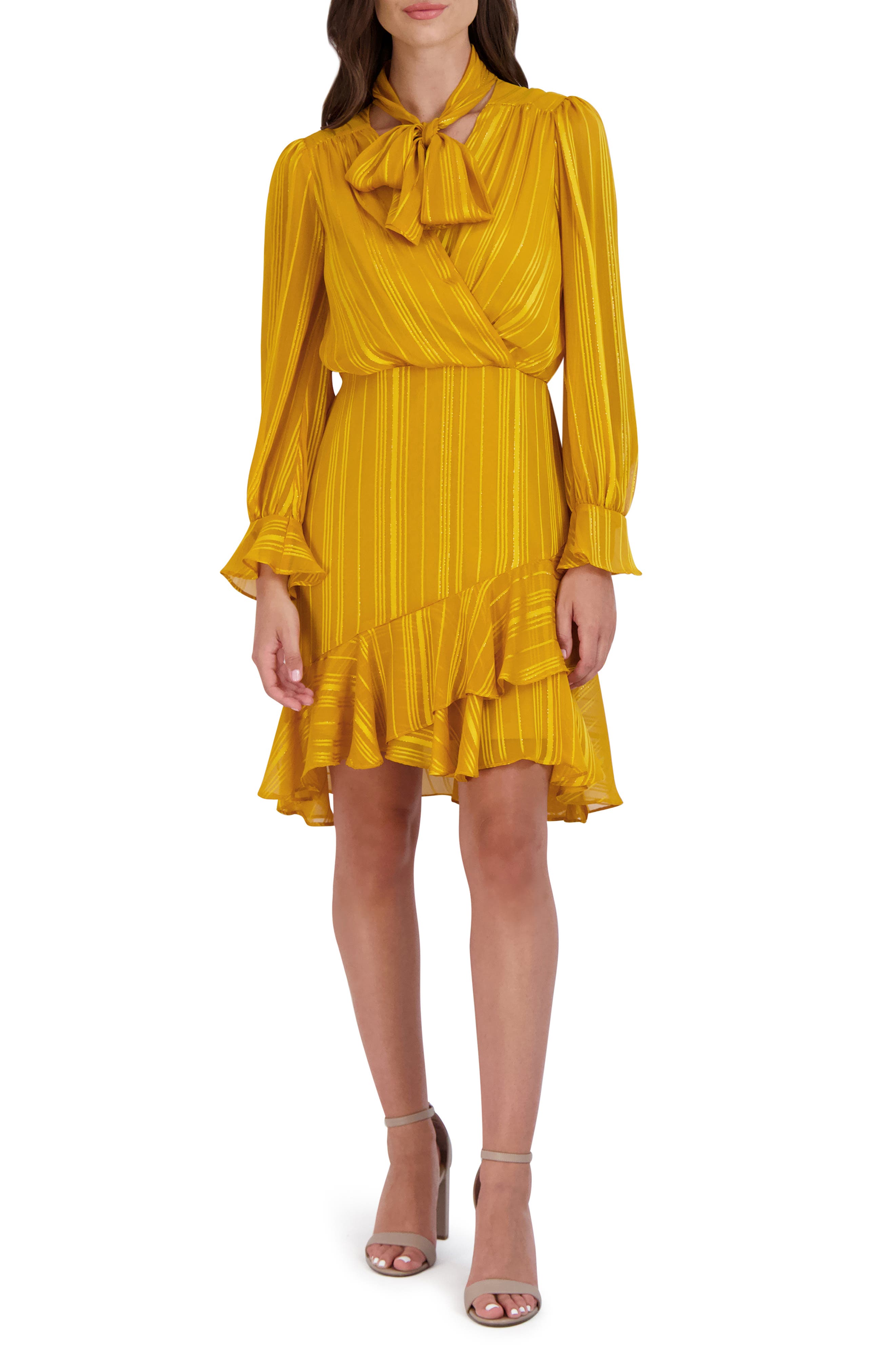 Julia Jordan Ruffle Tie Neck Long Sleeve Minidress