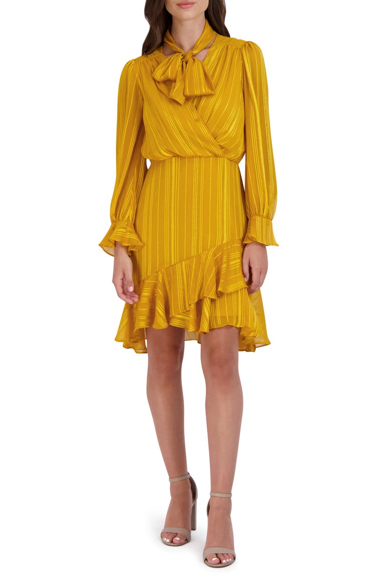 Ruffle Tie Neck Long Sleeve Minidress, Main, color, YELLOW