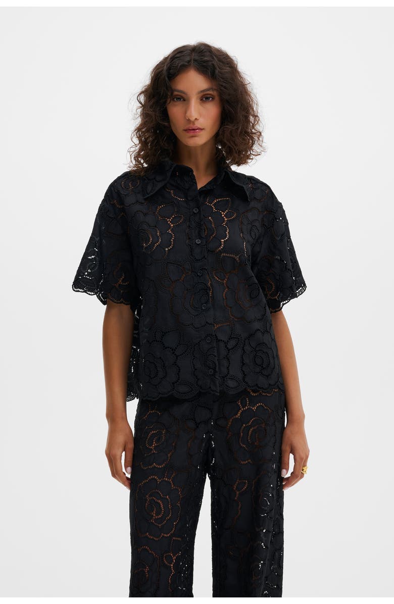 Malina Claudia Short Sleeve Lace Shirt, Main, color, Black