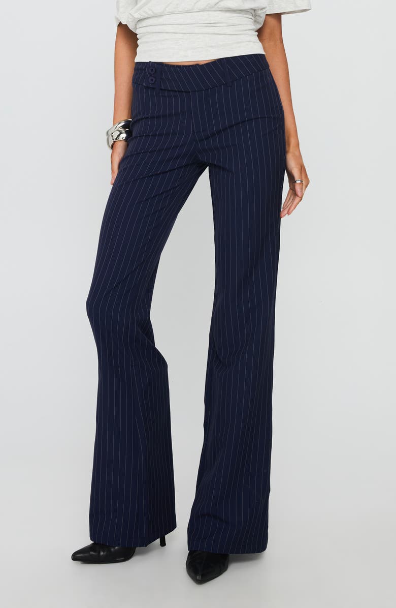 Princess Polly Kinkirk Pinstripe Low Rise Flare Pants, Main, color, Navy Pinstripe