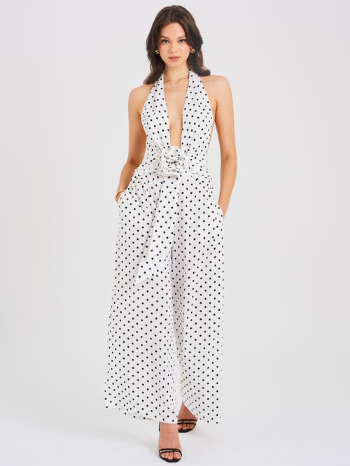 Miss Circle Oriana Halter Backless Polka Dot Jumpsuit In White