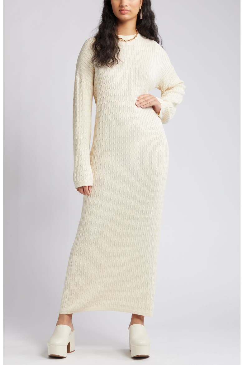 Monica Long Sleeve Cable Stitch Maxi Sweater Dress, Main, color, BIRCH