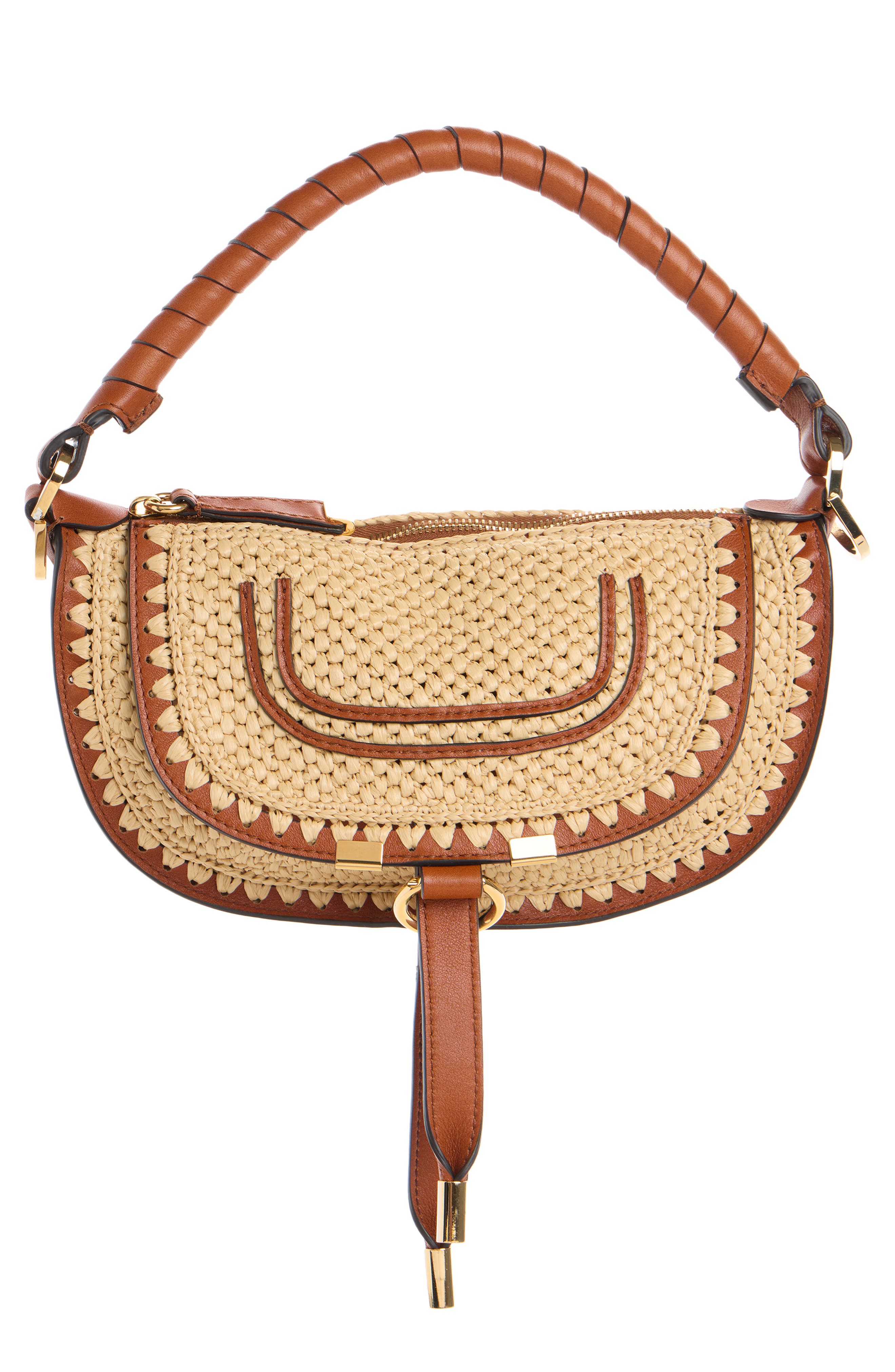 Chloé Mini Marcie Raffia Effect Shoulder Bag, Main, color, Clay Brown
