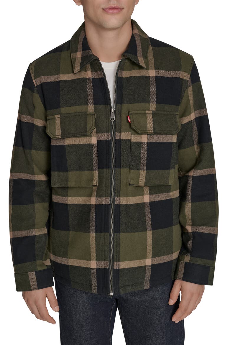 Insulated Plaid Cotton Flannel Zip-Up Shirt Jacket, Main, color, OLIVE/ BLACK