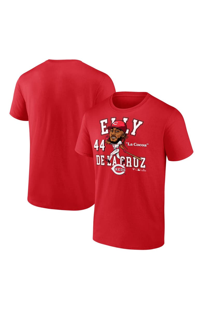 FANATICS Men's Fanatics Elly De La Cruz Athletic Red Cincinnati Reds Hometown Caricature T-Shirt, Main, color, Athletic Red