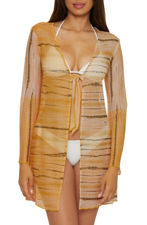 Tie Front Long Sleeve Sheer Mesh Cover-Up