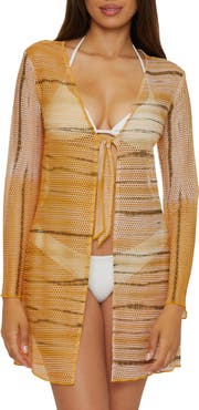 Becca Tie Front Long Sleeve Sheer Mesh Cover-Up