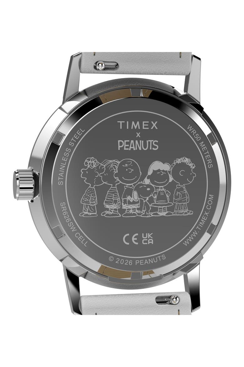 Peanuts® x Timex Marlin® Flower Dial 38mm Leather Strap Watch, Alternate, color, SILVER-TONE