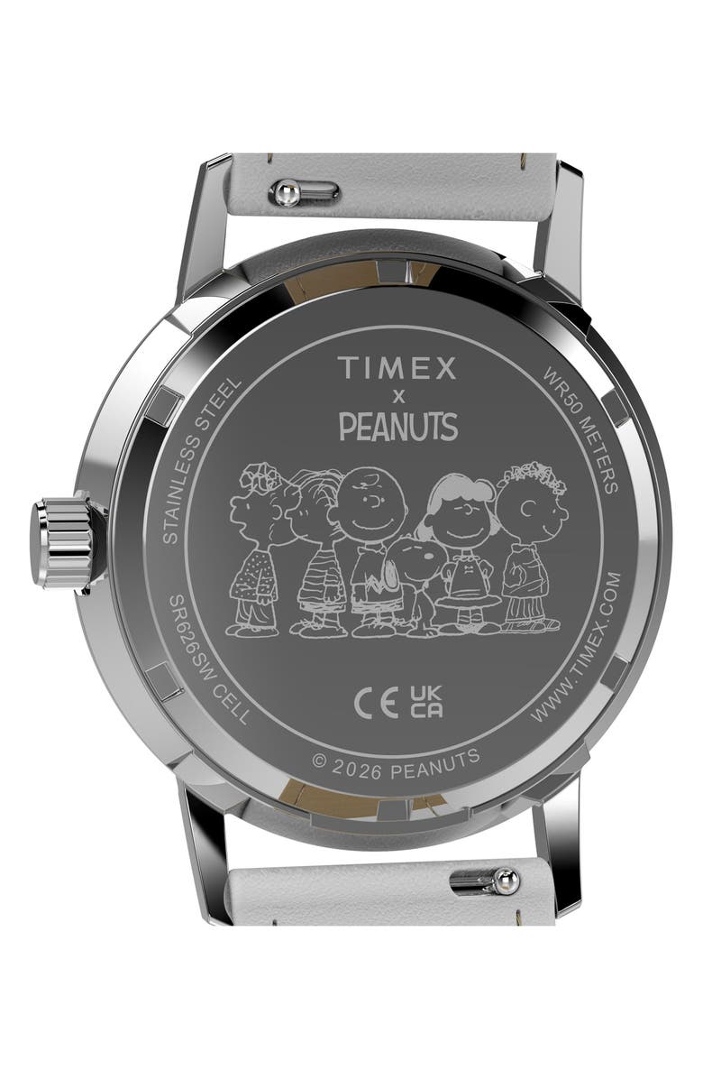 Timex<sup>®</sup> Peanuts<sup>®</sup> x Timex Marlin<sup>®</sup> Flower Dial 38mm Leather Strap Watch, Alternate, color, Blue/ Silver-Tone
