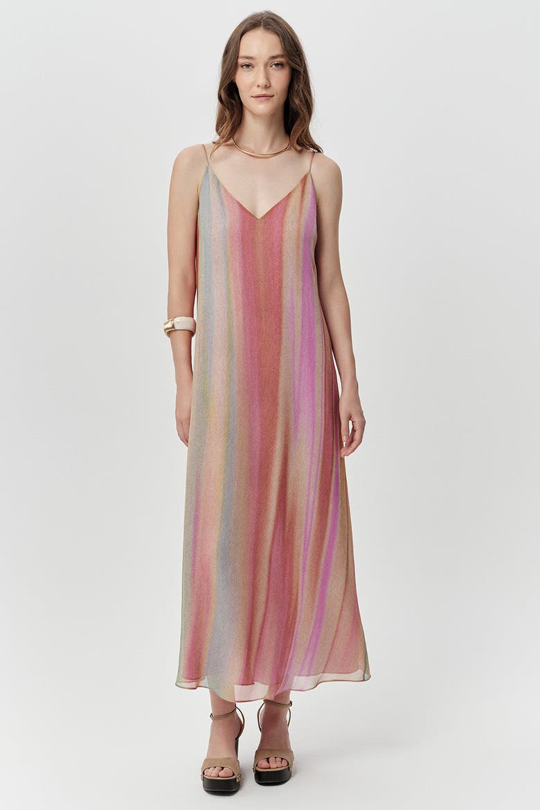 Layana V Neck Spaghetti Strap Striped Midi Dress, Main, color, Multi Color