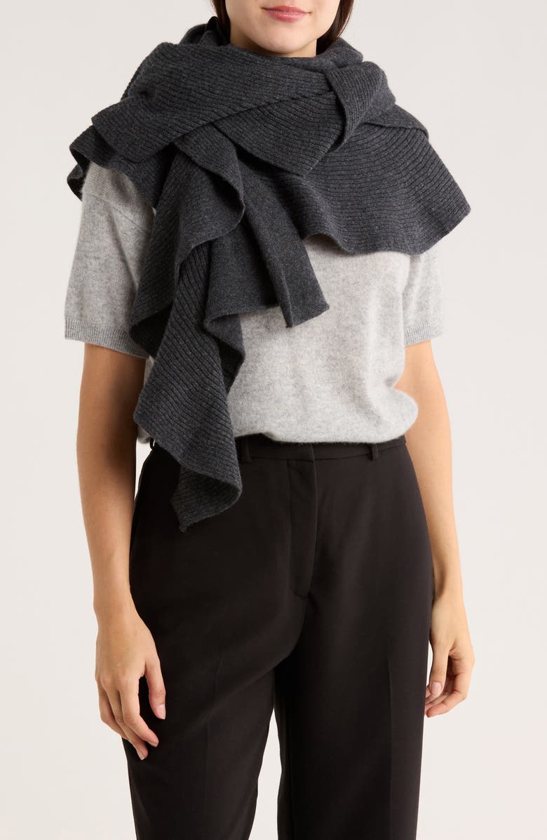 Portolano Ribbed Ruffle-Trim Cashmere Scarf, Main, color, Charcoal
