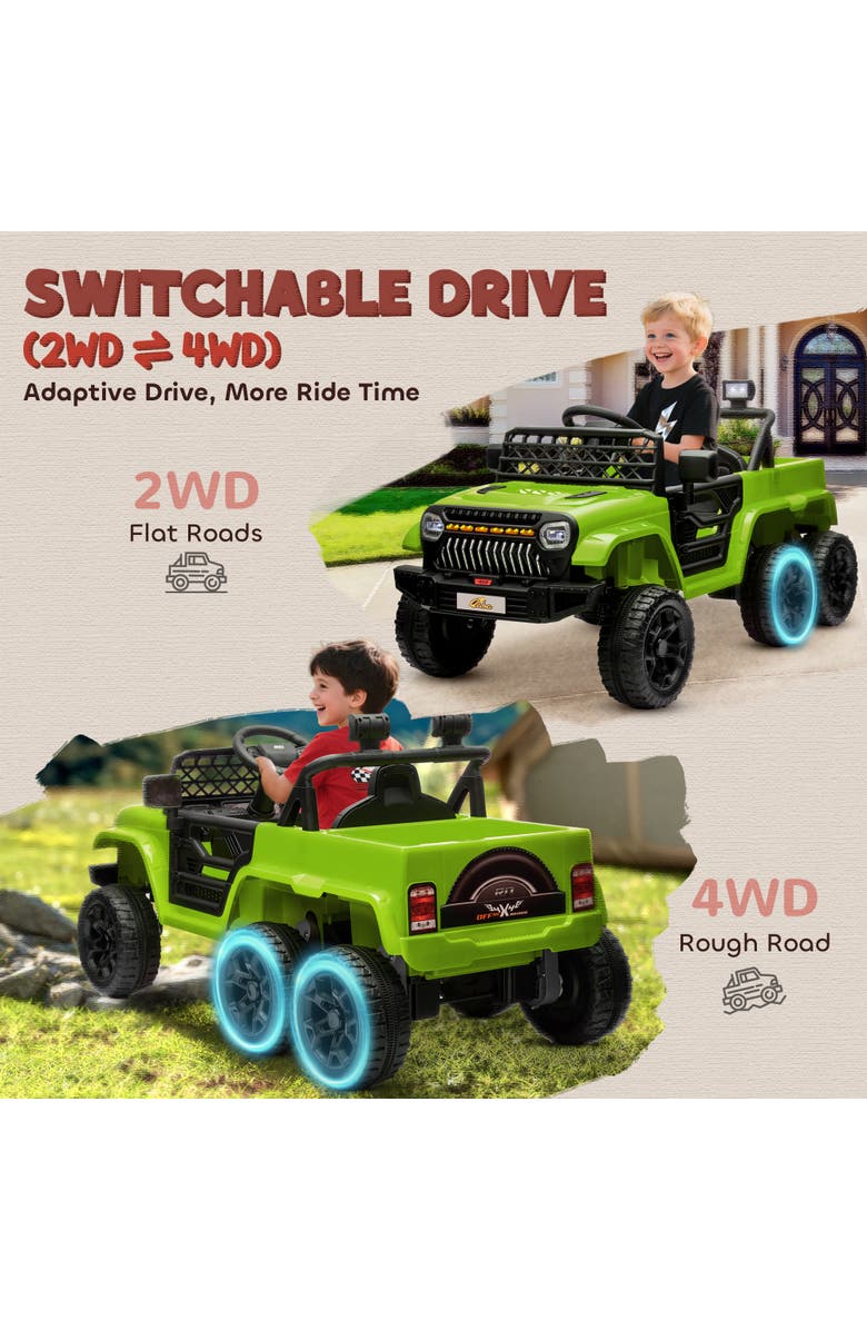 Qaba 12V Ride On Car w/ Remote Control, 2WD/4WD Switchable, Back Trailer, Alternate, color, Green