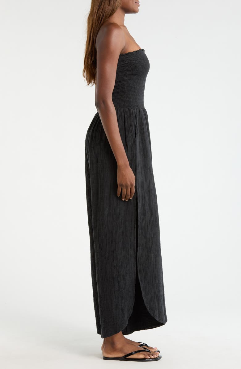 Elan Strapless Smocked Bodice Cotton Gauze Cover-Up Jumpsuit, Alternate, color, Black