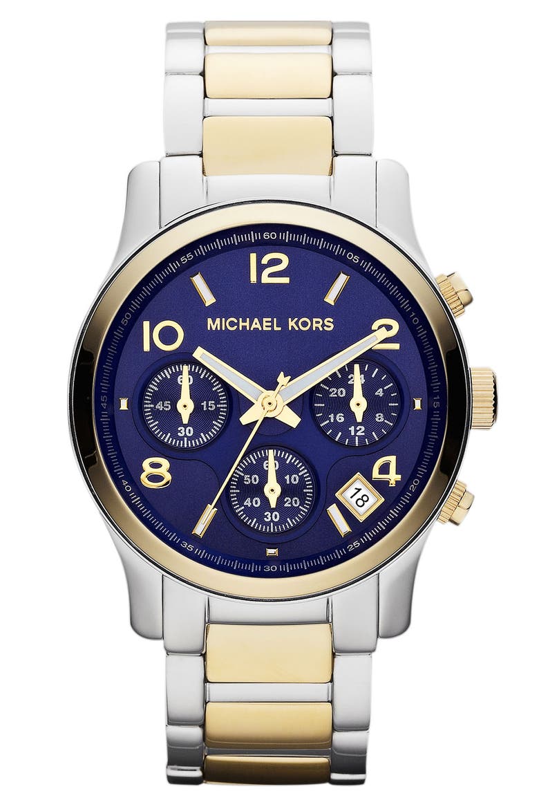 Michael Kors 'Runway' Two Tone Chronograph Watch, Main, color, GOLD/ SILVER/ NAVY
